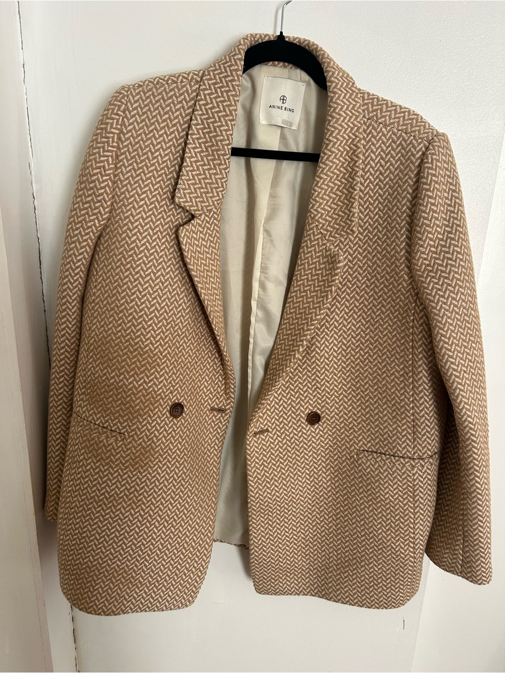 Anine Bing Tan & Cream Herringbone Blazer